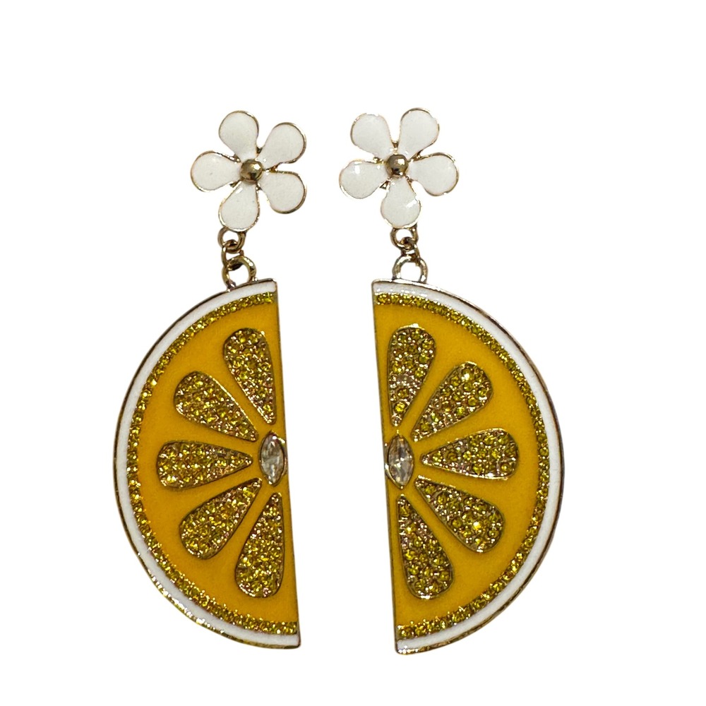 Yellow Lemon Slice Daisy Drop Earrings Gold Tone Rhinestone Enamel Fruit Jewelry